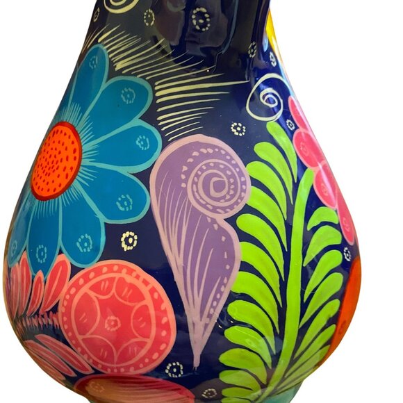 Terracotta hand-painted floral jug bright boho unique clay flowers, Mexican - Picture 6 of 10